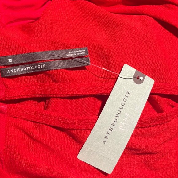 Anthropologie V-Neck Ruched Mesh Long Sleeve Midi Dress True Red Size 2X - Picture 6 of 7